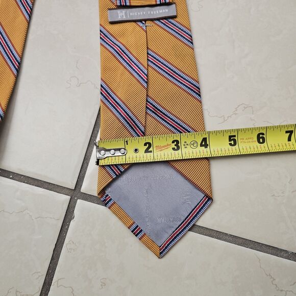 Hickey Freeman Made in USA Yellow Red Blue Repp Stripe Silk And Cotton Tie Woven - Picture 6 of 9